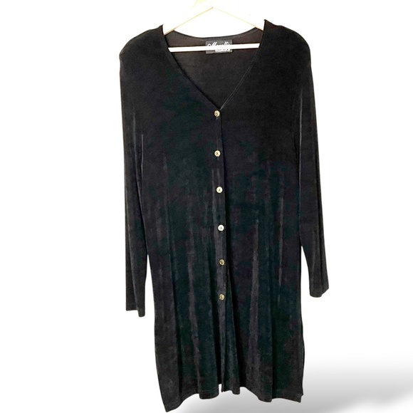 MARALLIS COLLECTION Jersey Knit Black Long Line Button Front Cardigan US Sz L - Picture 1 of 8